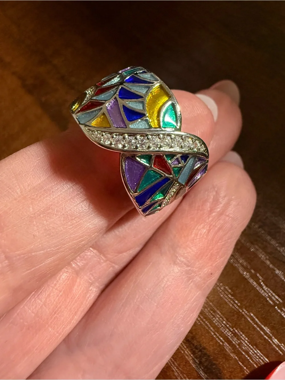 Sterling Silver Multicolor Enamel Mosaic Ring with CZ Accents - size 9 *NEW